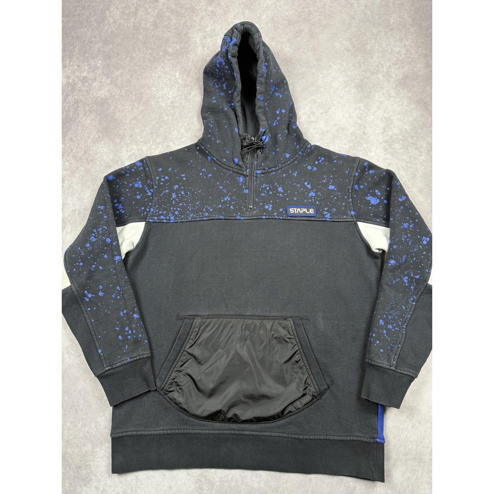 Staple Pigeon Hoodie Mens Medium‎ Black Blue Quarter Zip Splatter Nylon Pocket